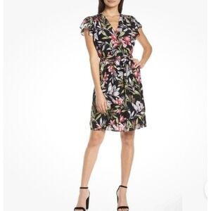 French‎ Connection Floreta Floral Print Dress Faux Wrap Tie Waist Black Size 6